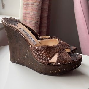 Jimmy Choo metallic and brown cork wedges